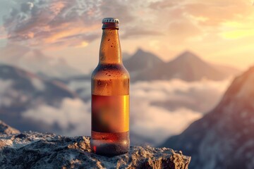 Beer bottle with water drops at mountains and river background at cloudy rainy day