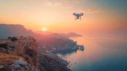 A drone flying over a cliff overlooking the ocean at sunset, AI