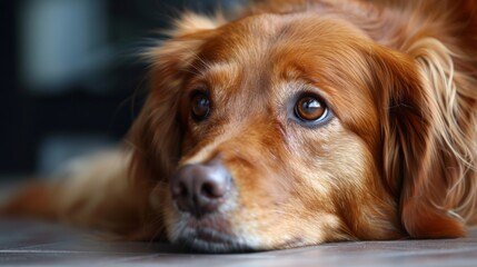 A close up of a dog laying on the floor looking at something, AI