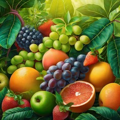 a vibrant illustration featuring an assortment of ripe fruits nestled among lush green leaves, evoking a sense of freshness and abundance.