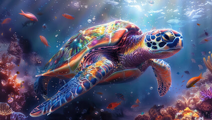 Fototapeta na wymiar Turtle swimming in the ocean surrounded colorful fish, coral reefs and marine life. Created with Ai