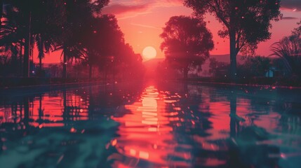 A pool of water with trees and sun setting in the background, AI - 772153770