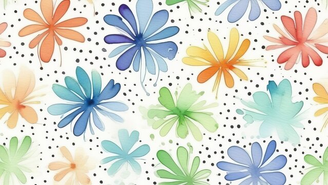 Vibrant watercolor floral pattern with black polka dots on white