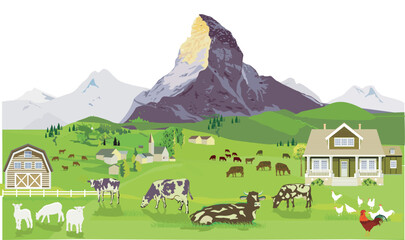 Bauernhof Tiere auf der Weide mit Bauernhaus in den Bergen, Panorama, Illustration - obrazy, fototapety, plakaty