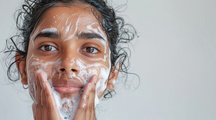 An Indian woman with clear skin washing her face with soap on a grey background