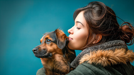 Young woman with dog, hugging and kissing her dog on blue background. Love for animals concept, side view
