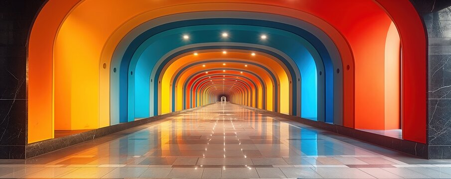 corridor way path to the door, colorful wall in bright tone color, yellow blue wall and interior, Generative Ai	
