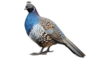 A blue and brown bird boldly stands atop a white ground - obrazy, fototapety, plakaty