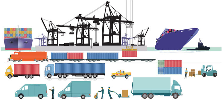 Hafen-Terminal mit Schiffen und Güterzug, LKW, illustration