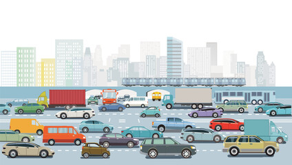 Stadtsilhouette einer Großstadt mit Verkehr in rush hour,   illustration