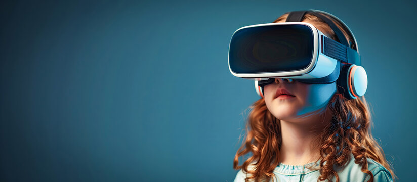 Little girl wearing virtual reality glasses on blue background with copy space banner for advertising of vr technology in education and entertainment industry