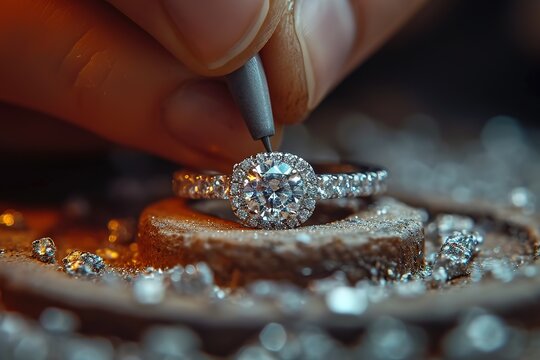 Craft an image of a jewelry designer creating a custom engagement ring with a unique gemstone