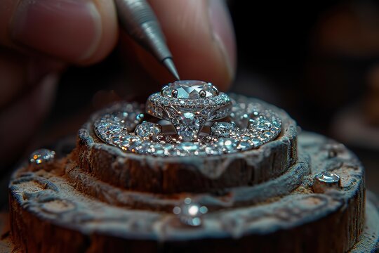 Craft an image of a jewelry designer creating a custom engagement ring with a unique gemstone
