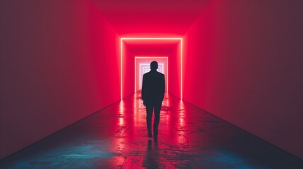 A man walking down a hallway with red and blue lights, AI