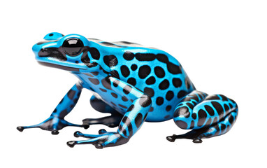 A unique blue and black frog perches on a pristine white surface