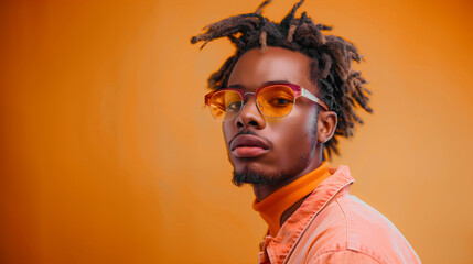 A stylish young African American man with dreadlocks wearing vibrant orange glasses and standing against an isolated pastel background, exuding confidence in his fashionable outfit