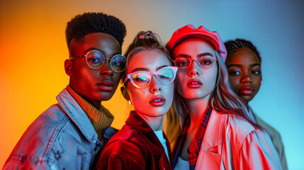 A group of stylish young people, wearing colorful glasses, stand together in front of the camera against a bright studio background illuminated by neon lights.