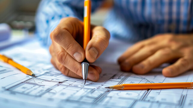 Engineer works with drawings. Female hands close-up in the work on drawing.