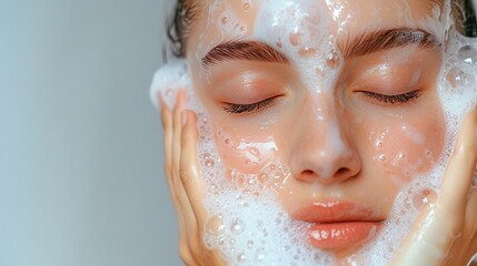 Close-up photograph of a white woman with clear skin and soap suds covering her face on a grey background - obrazy, fototapety, plakaty