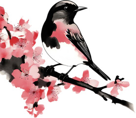 Painting of a crimson chat bird using the Japanese brushstroke technique.