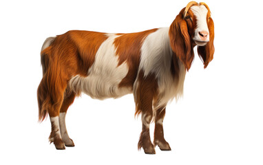 A brown and white goat stands gracefully on a white background