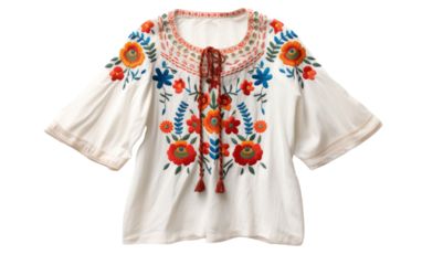 A delicate white blouse with intricate floral patterns blooming across the fabric