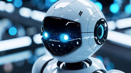 A close up of a robot with glowing eyes and blue lights, AI - 772155786