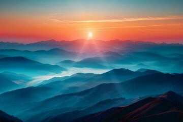 Majestic Sunrise Over Misty Mountain Ranges