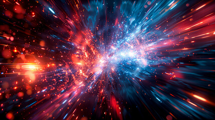 Abstract background of space with stars and galaxies explosion in blue red light motion blur...
