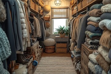Depict a fashion influencer's picturesque walk-in closet with a stunning collection of vintage finds, showcasing their unique style