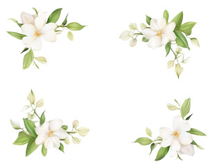 Jasmine Floral Border watercolor, Floral Frame, isolated white background - obrazy, fototapety, plakaty