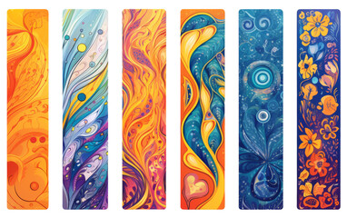 Four colorful bookmarks with various dazzling designs lined up in a row