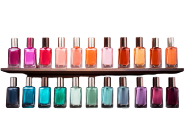 Colorful bottles of different sizes and shapes arranged neatly on a rustic wooden shelf