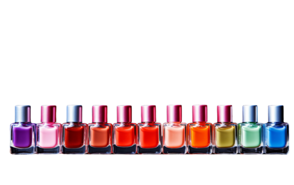 A colorful lineup of nail polish bottles in various shades stretching into the distance