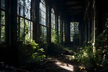 abandoned asylum with overgrown grounds and barred windows