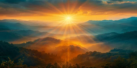 Gordijnen Majestic Sunrise Over Misty Mountain Range © smth.design