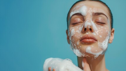 Closeup portrait of a white woman with clear skin washing her self with soap on blue background