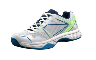 A stylish white and blue tennis shoe is displayed on a plain white background