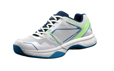 A stylish white and blue tennis shoe is displayed on a plain white background