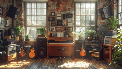 A realistic photo of an old brick music studio with a piano, guitar stands and vinyl records on the walls, sunlight through large windows, plants in pots, vinyl record wall art decoration.  - obrazy, fototapety, plakaty