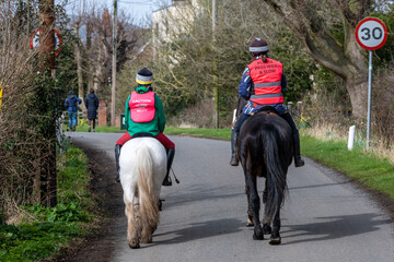 People riding horses down a country lane
