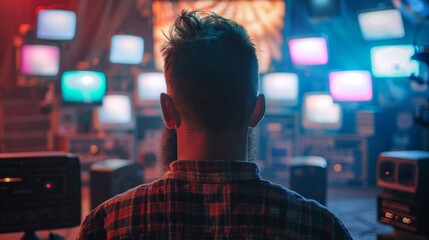 A man with a beard looking at multiple televisions in the background, AI - 772157361