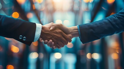 Two Businessmen Celebrate Successful Negotiation with Handshake, Symbolizing Partnership and Teamwork in Business Deal - obrazy, fototapety, plakaty