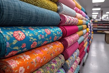 Fabric Store Sewing Projects A fabric store with rolls of colorful fabrics, patterns, and sewing supplies for DIY projects - obrazy, fototapety, plakaty