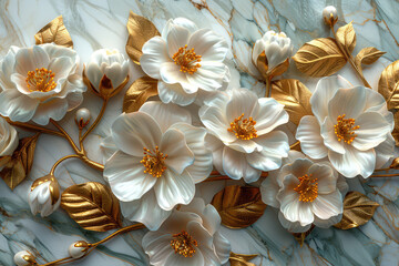 3D floral bouquet with white flowers and golden leaves on marble background, decorative relief pattern. Created with Ai