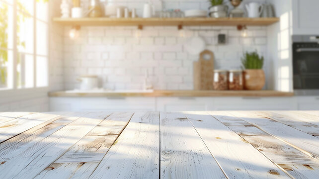 Wooden tabletop with a blurry background of a kitchen space. For designing a crucial visual arrangement or montage product display
