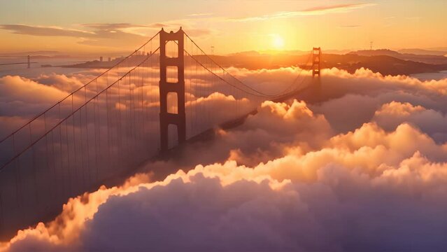 Golden Gate Bridge aerial view and there is fog all around it during sunrise