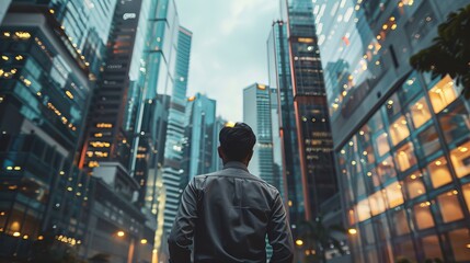 Visionary businessman contemplating urban skyline in career pursuit