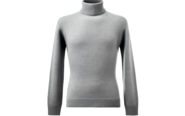 A grey turtle neck sweater gracefully drapes on a pristine white background