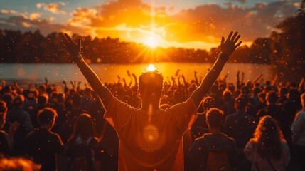 A man with his arms up in the air at sunset, AI